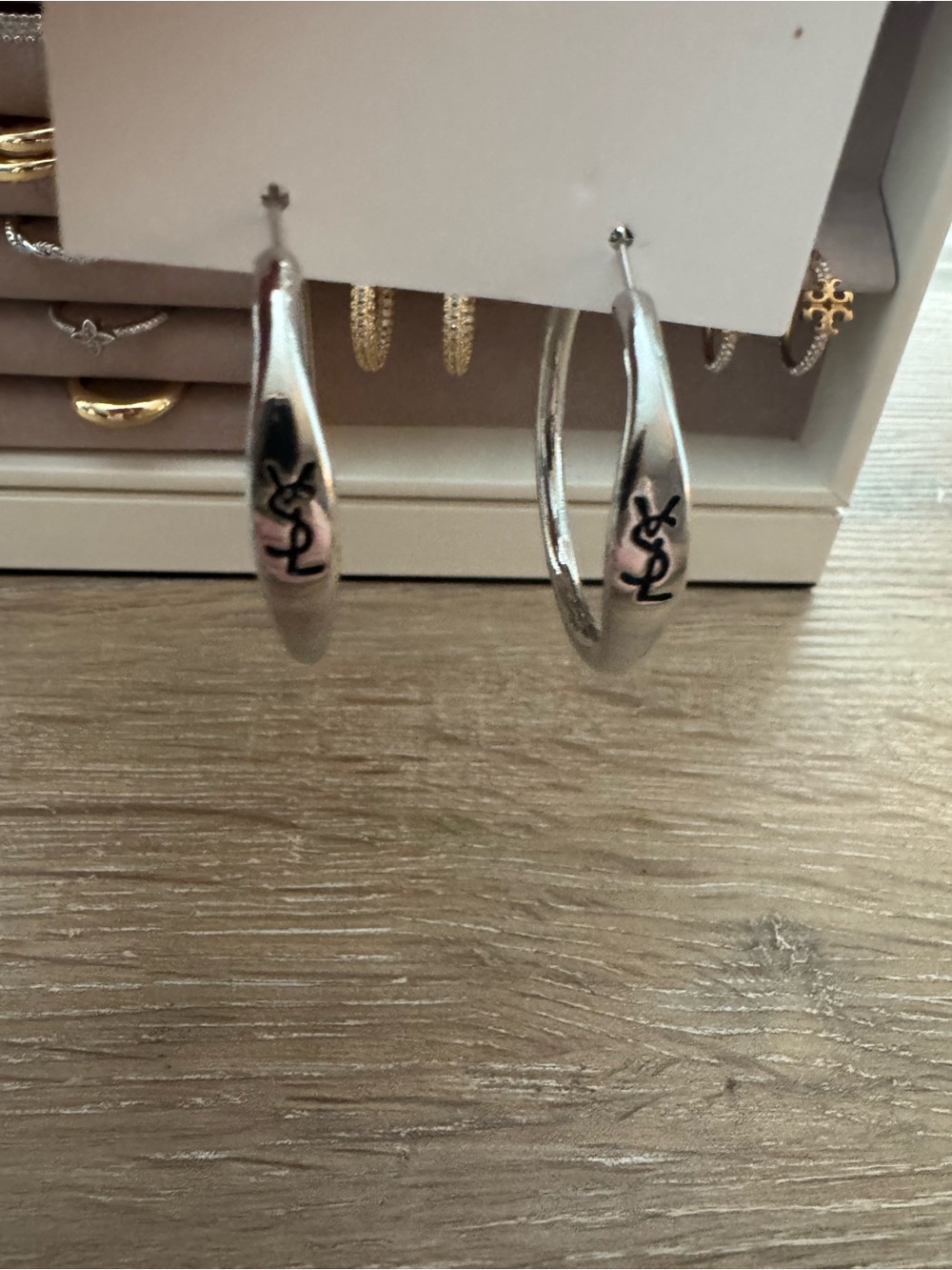YSL Silver Hoop Earrings with Black Logo Accent